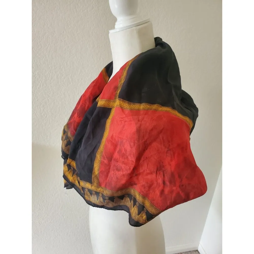 ECHO Scarf BAROQUE Squares Red Navy Blue Gold Tassle Print 100%‎ SILK w/Flaws - Image 7