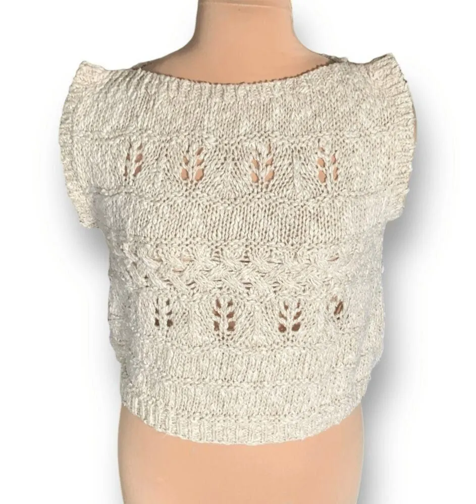 Vintage Knit Sweater Vest Top Pullover Off White Ruffle Sleeve Open Weave Linen - Image 2