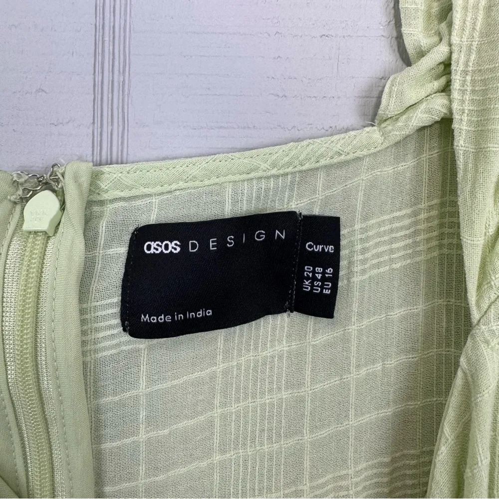 Asos Design Curve Knot Front Mini Dress Check Dobby Apple Green Puff Sleeves 48 Size undefined - Image 5