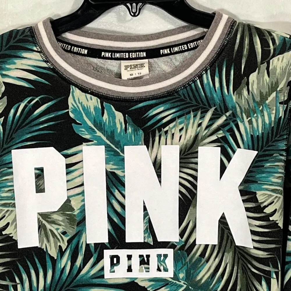VICTORIAS SECRET PINK LIMITED EDITION TROPICAL PALM OVERSIZE "PINK"SWEATSHIRT XS - Image 2