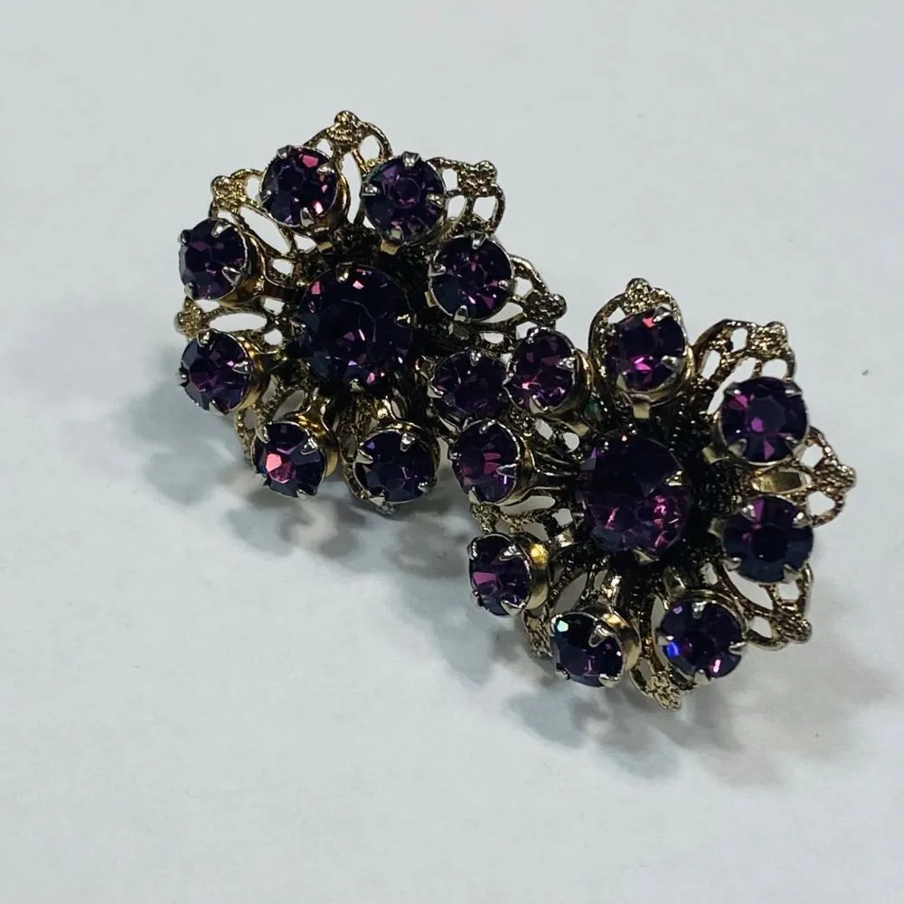 Clip On Earrings Shade of Purple Amythest Color Screw Back Vintage Flower Shape - Image 10