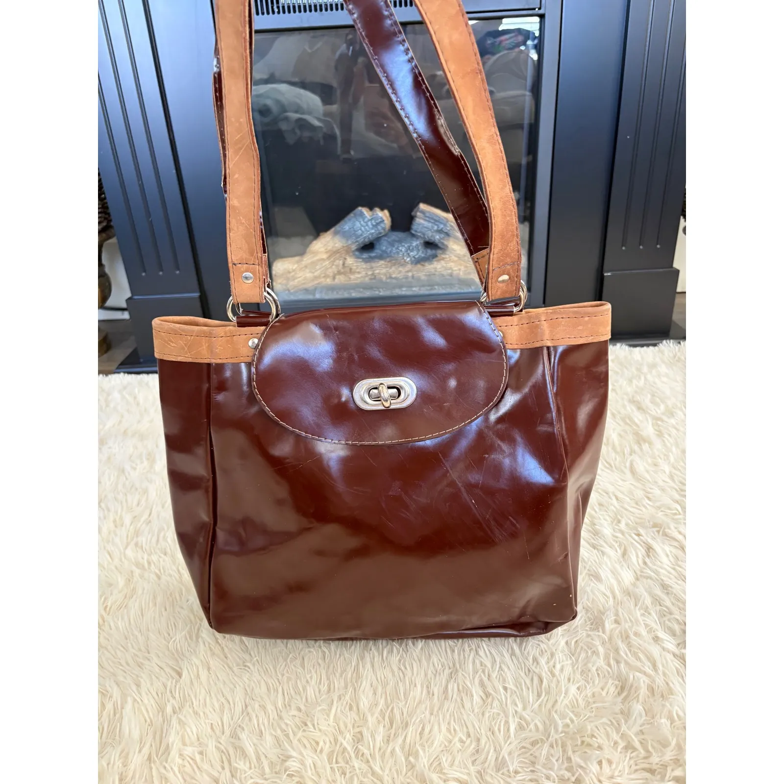 Brown Tote Bag Purse Shoulder Bag Vintage Style Flap Over Closure Work‎ School - Image 5