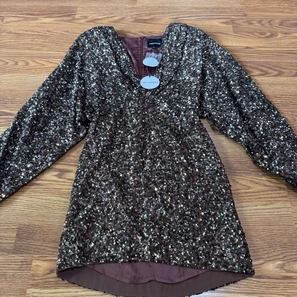 RETROFÊTE AUBRIELLE SEQUINED MINI COCKTAIL DRESS IN BROWN MIX size small - Image 8