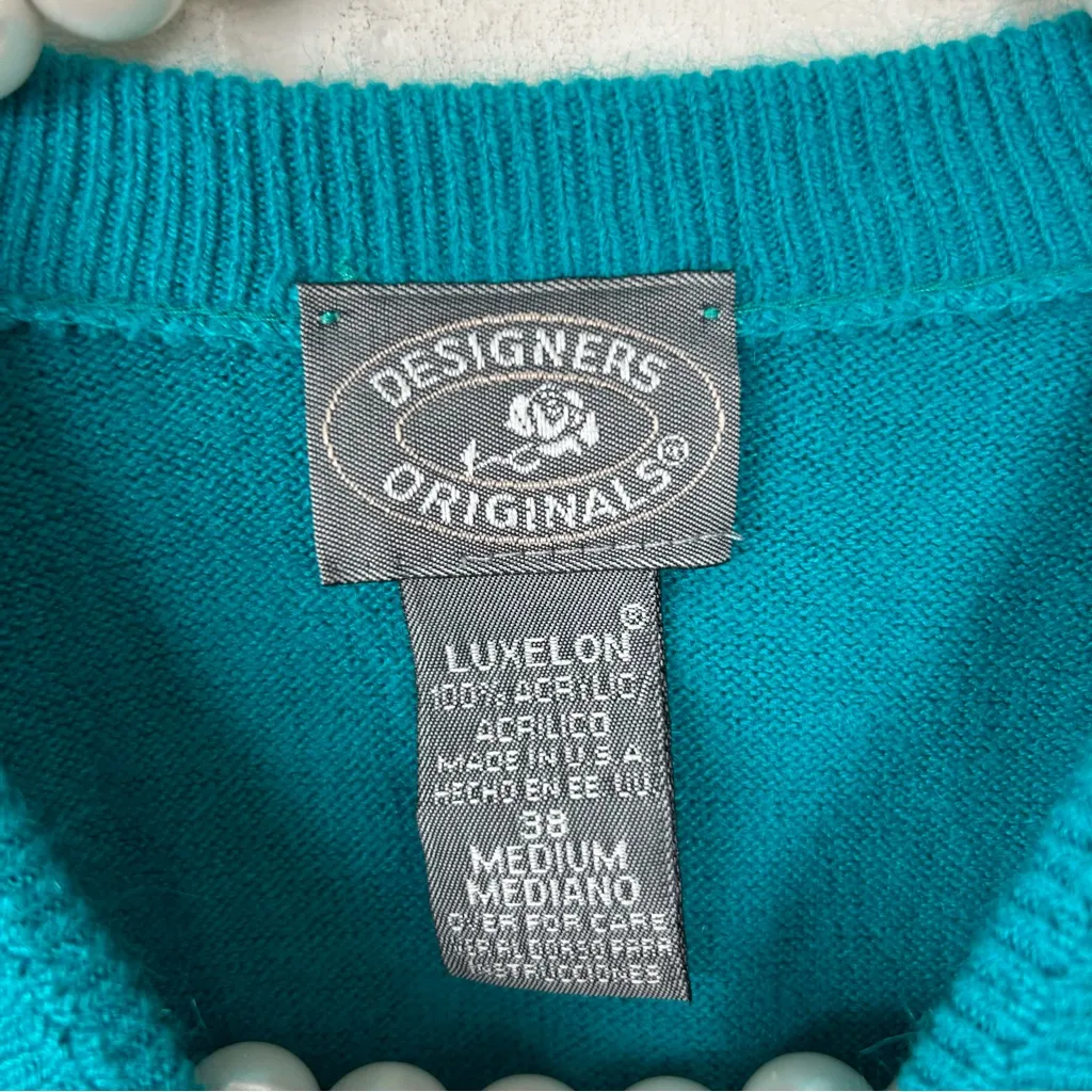 Vintage Designers Originals Teal Knit Faux Pearl Button Cardigan Sweater Size M Blue Size M - Image 5
