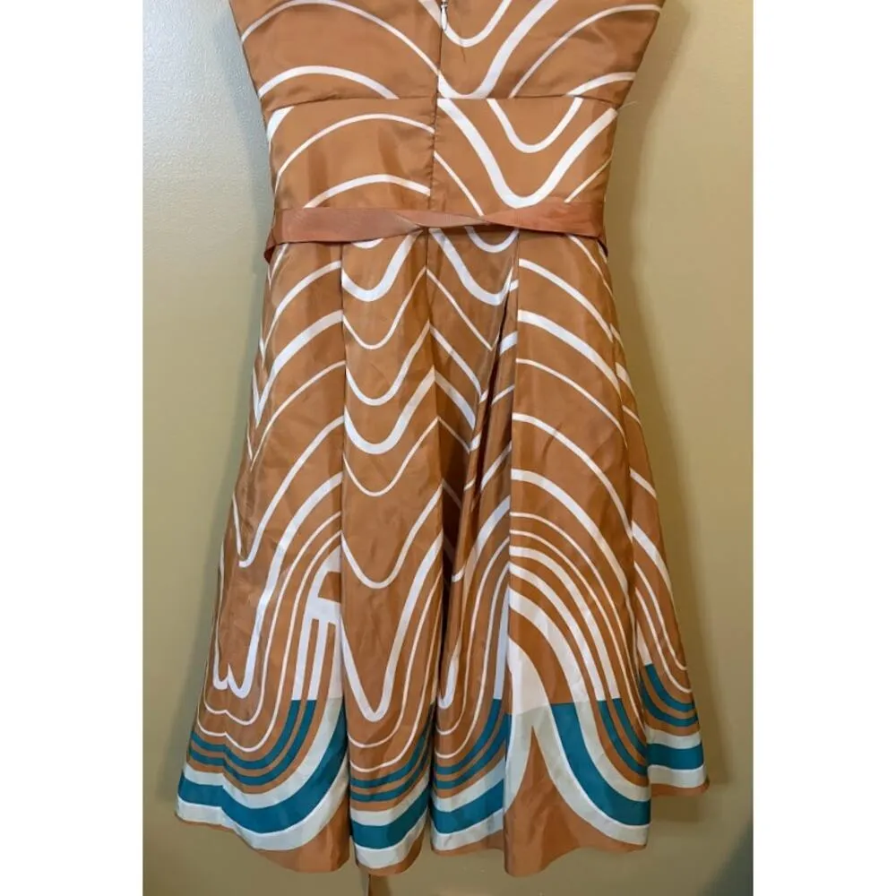 Max&Cleo Gold Abstract Print Sleeveless Fit and Flare Silk Cocktail Dress Size 4 - Image 7