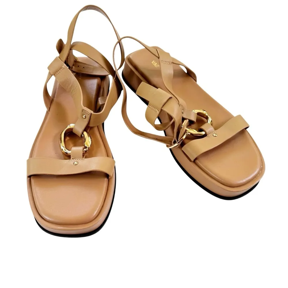 New ZARA Leather Embellished Flatform Leather Sandals Nude Size 40 Or 9 - Image 6