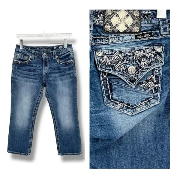 Miss Me jeans cuffed capri 30 straight mid rise embellished bling blue denim - Image 2