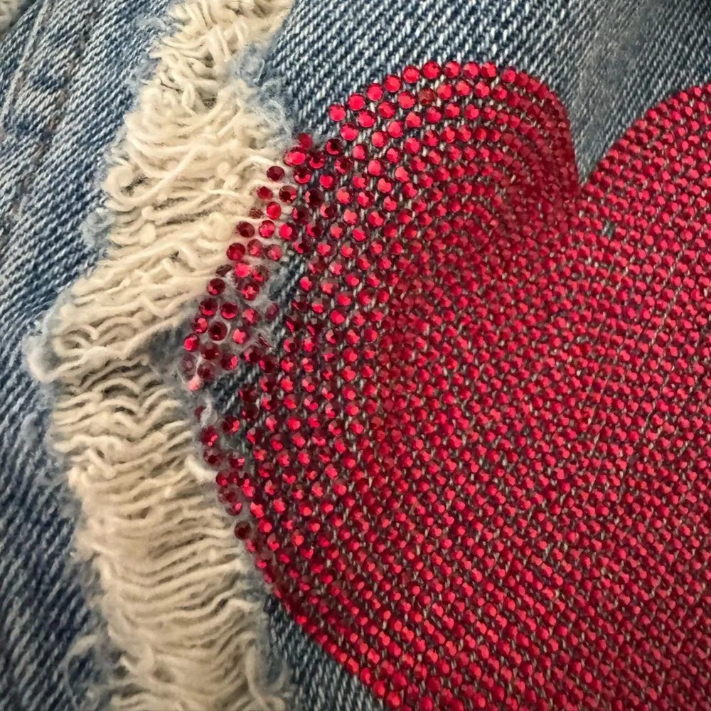 Carmar Oversized Rhinestone Heart Distressed Denim Jacket | Size M Blue Size M - Image 8