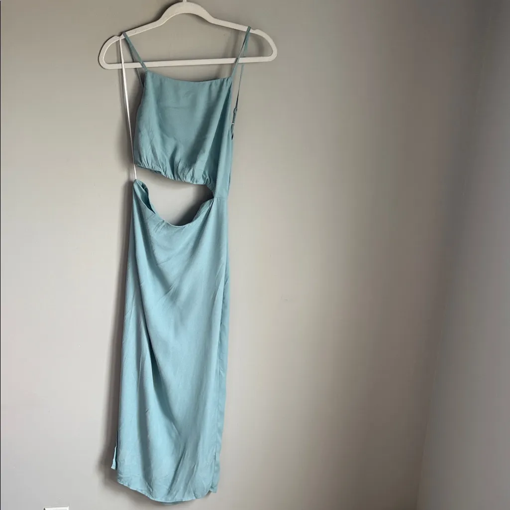 Reformation 'Kiwi' Turquoise Blue Asymmetrical Cutout High Slit Dress 4 - Image 2