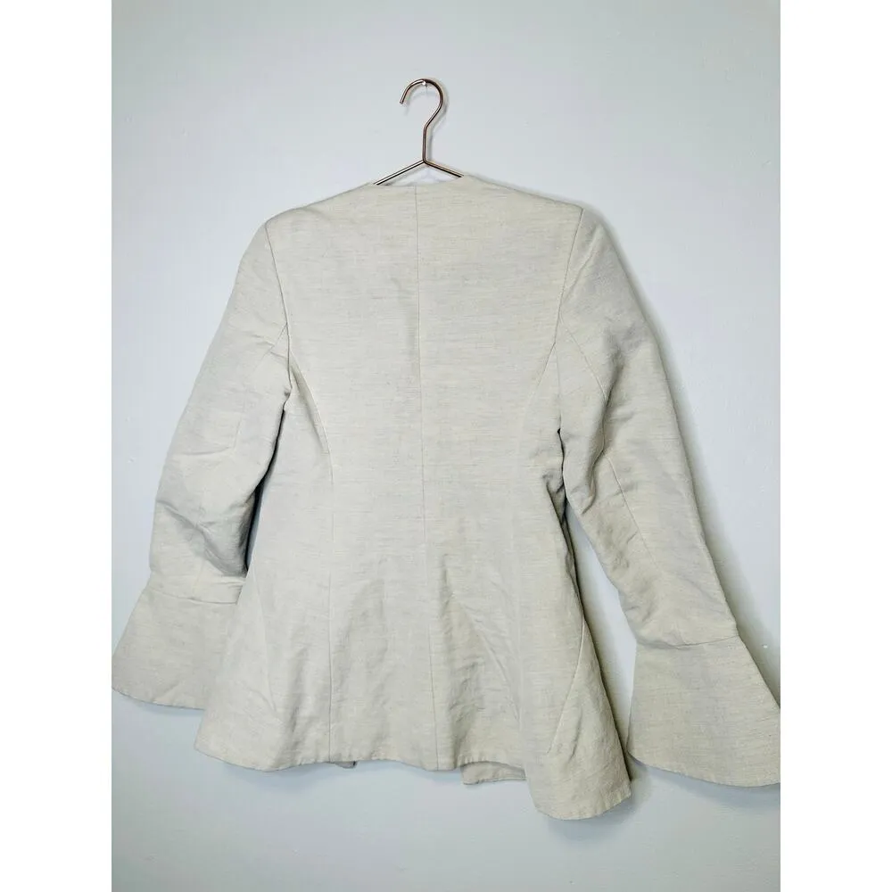 Co Beige Wool Hemp Blend Peplum Bell Sleeves One Button Blazer Jacket Size Small - Image 2