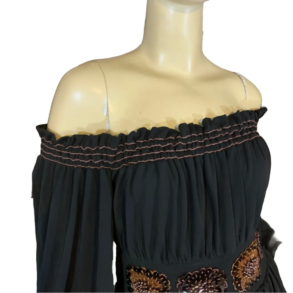 TOMASO STEFANELLI BROWN OFF-THE-SHOULDER BEADED WAIST STRETCHY PEASANT TOP (42) - Image 8