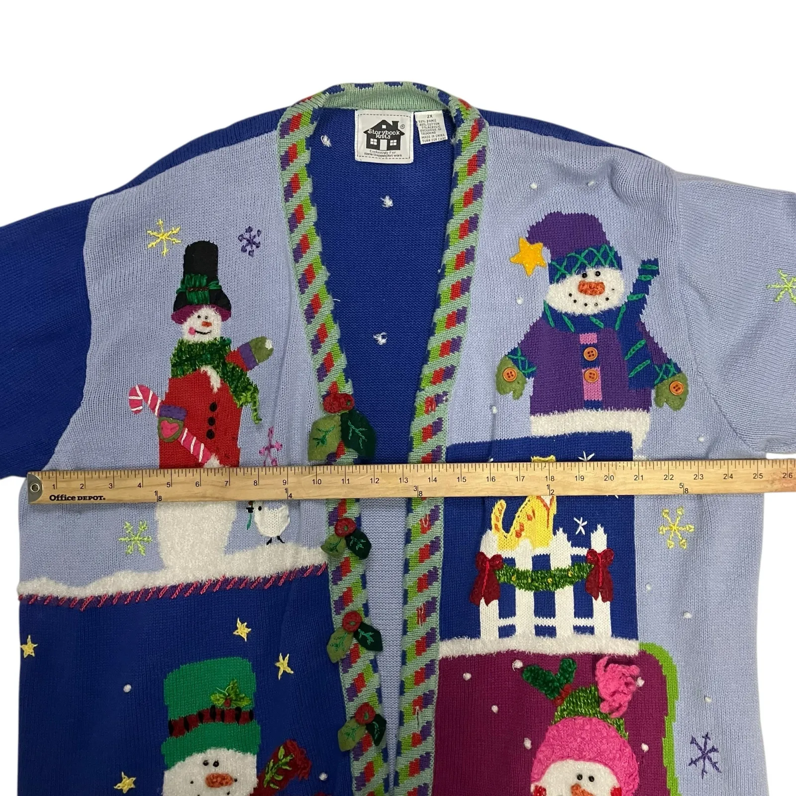 Vintage Storybook Knits Snowman Print Blue Cardigan Size 2X - Image 7