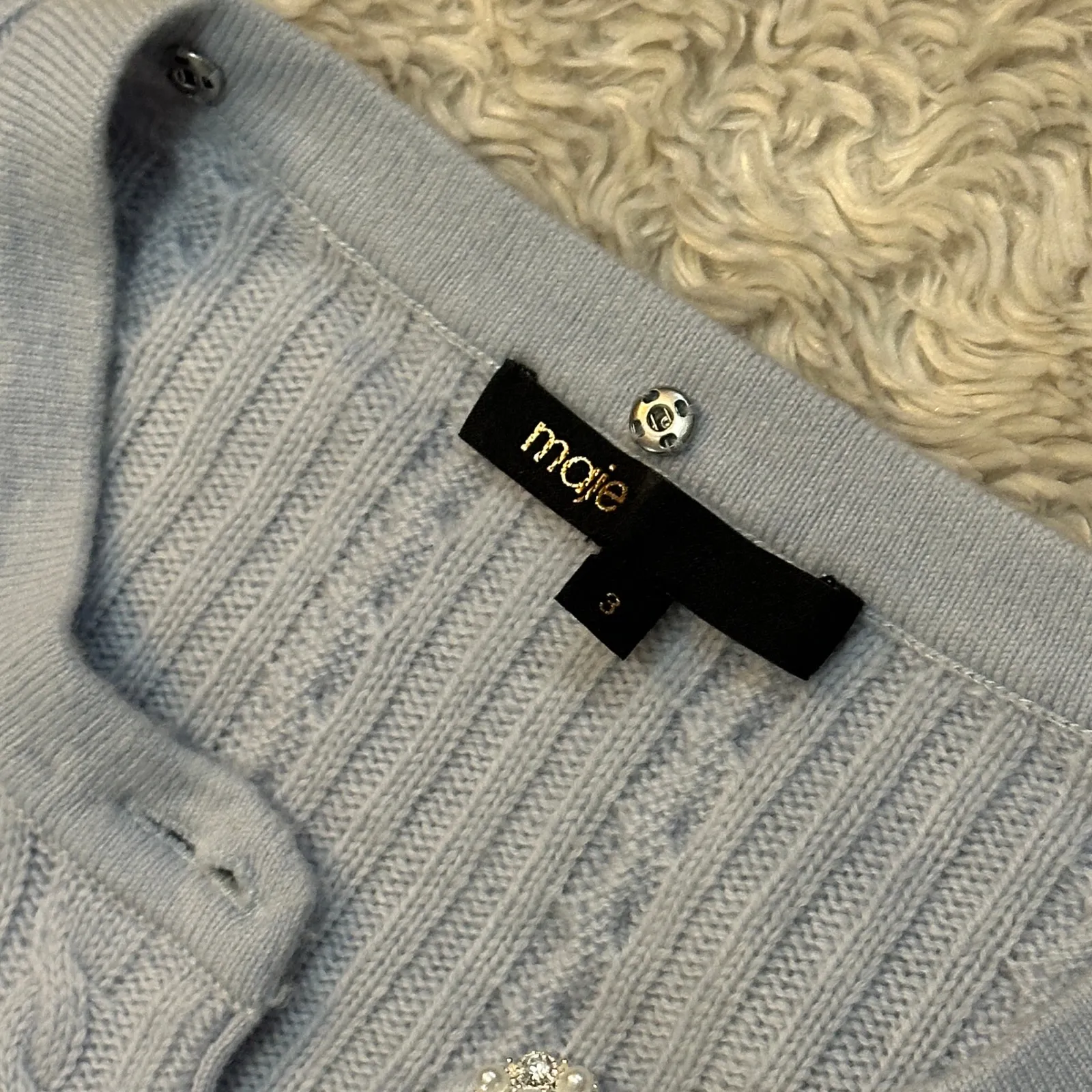 Maje Sz 3 US L Wool Cashmere Baby Blue Cable Knit Button Up Cardigan Sweater - Image 12