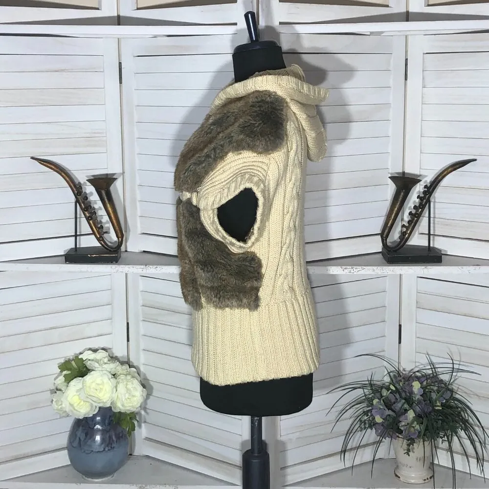Vintage 90s Y2K Faux Fur vest warm wool brown beige cable knit with hood Sz S Tan - Image 4