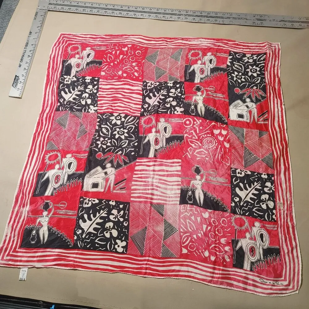 Oscar De La Renta Silk Scarf Twilly Vintage Abstract Red Black Print Japan READ - Image 2