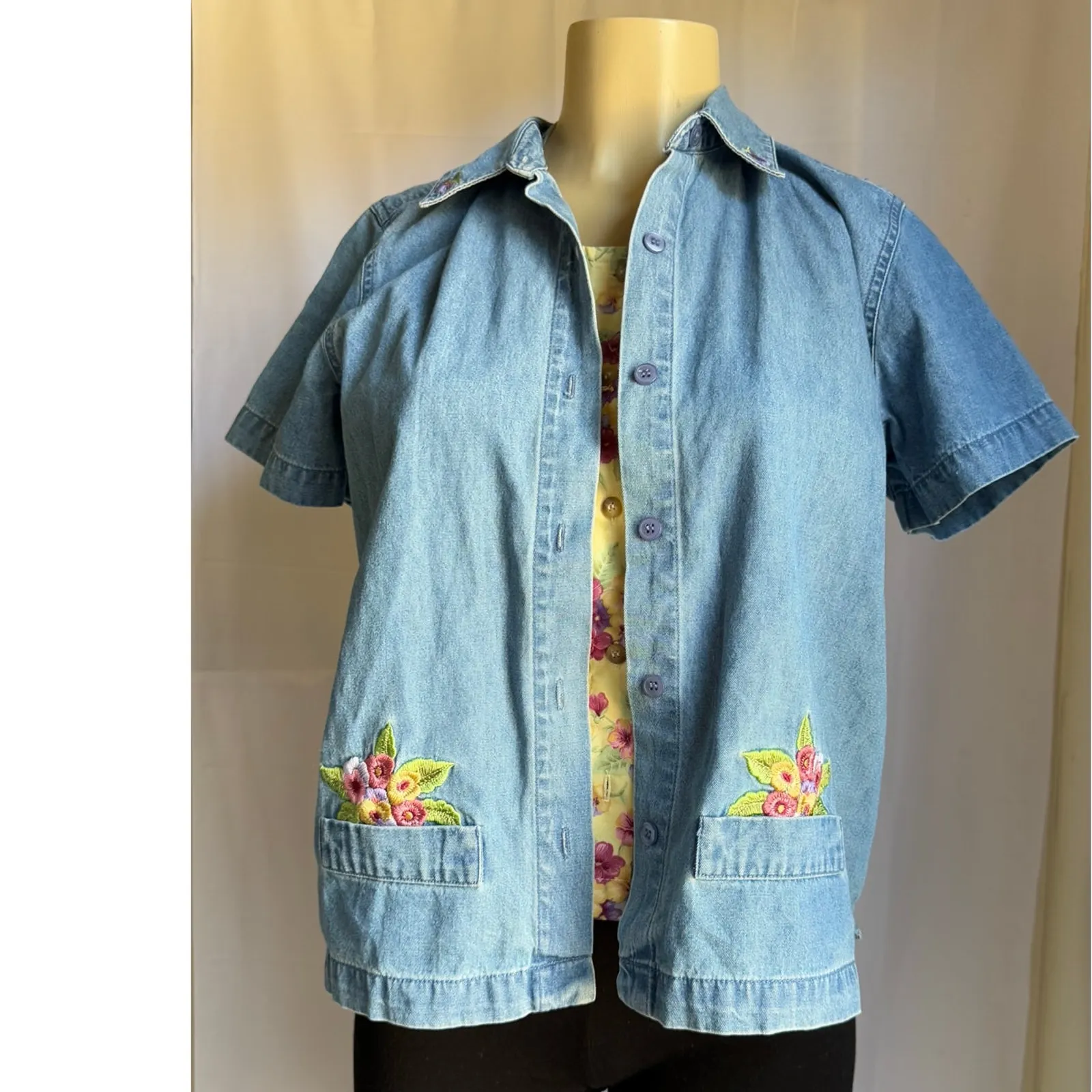 Vintage Lemon Grass Denim Shirt Jacket Embroidered Floral Women's PM NWT Blue Size M - Image 14