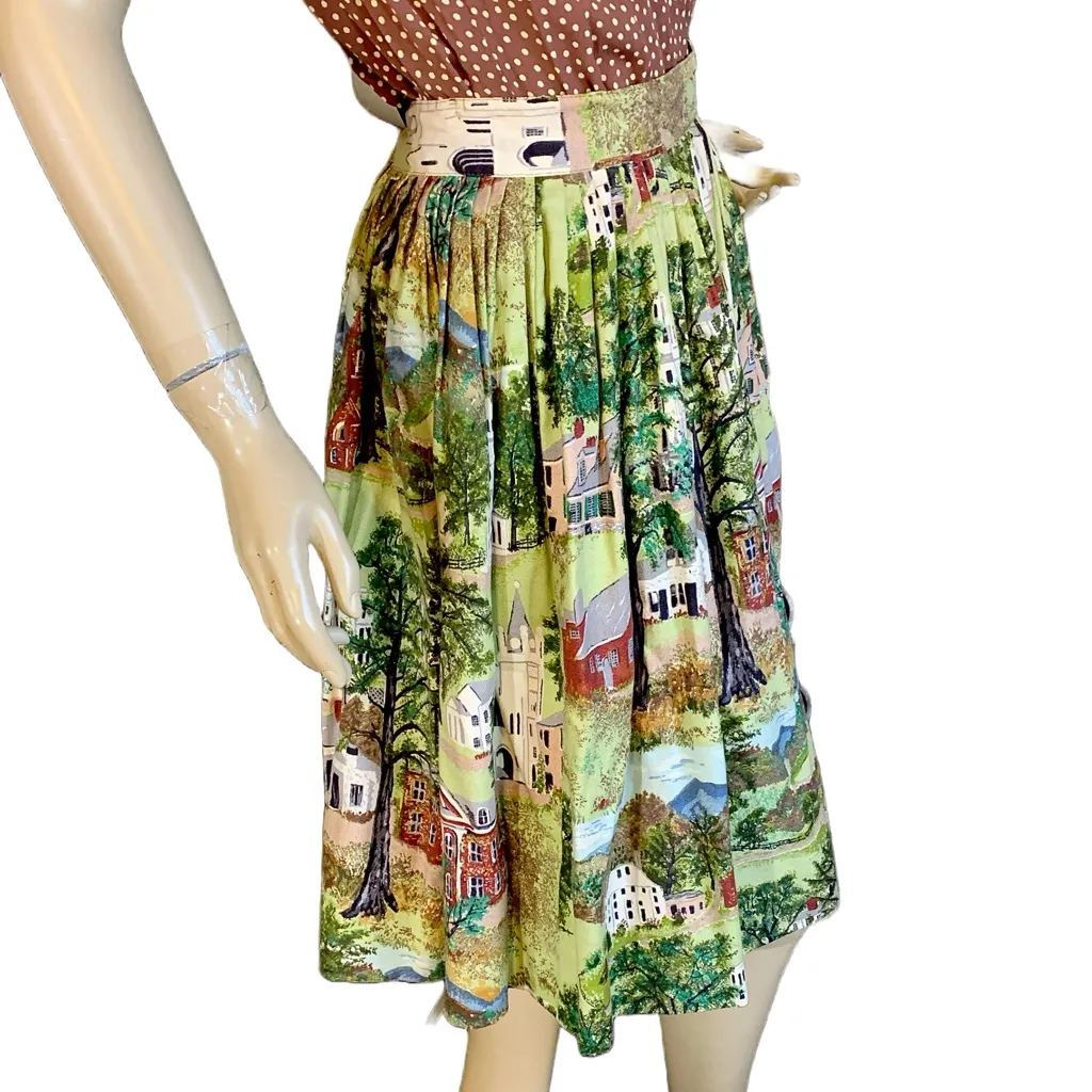 VINTAGE 1950'S GRANDMA MOSES "WILLIAMSTOWN" PRINT FABRIC FULL NOVELTY SKIRT (S) Multiple - Image 4