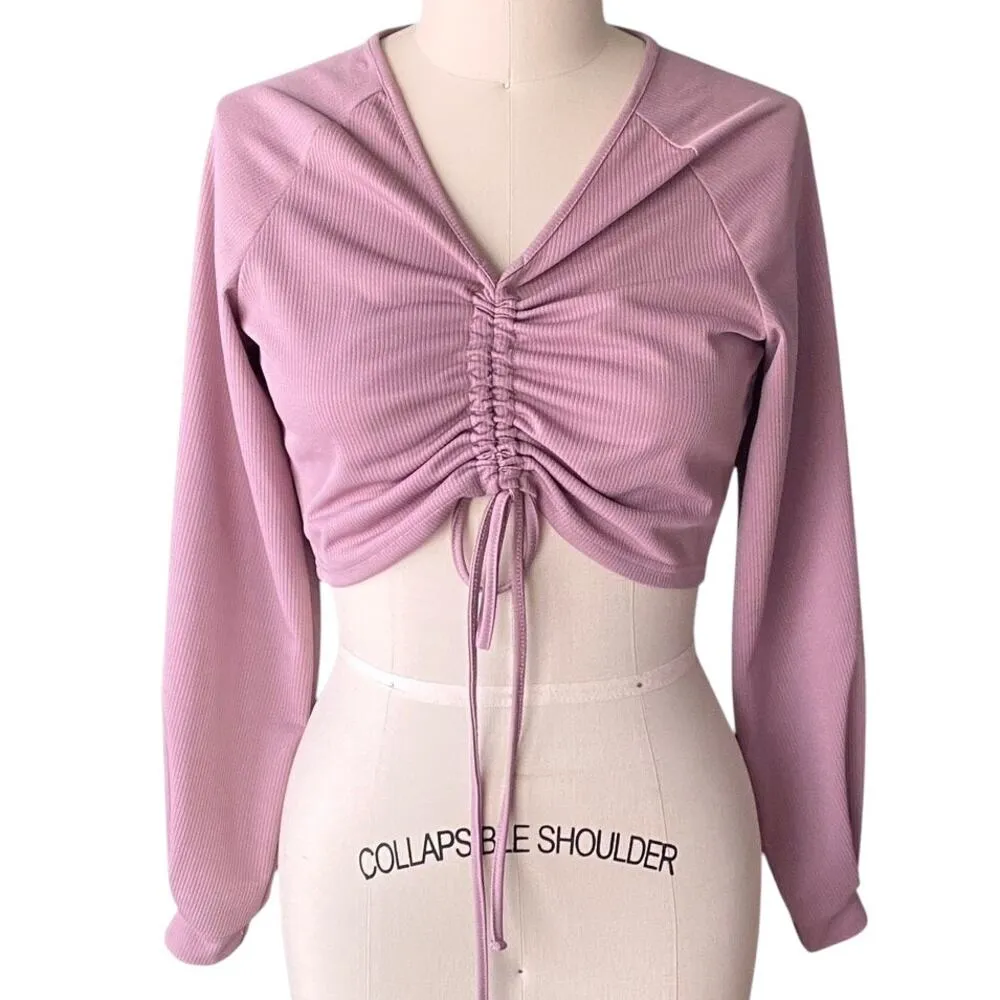 NWT ~ ROMWE Pink Ribbed Front Tie Cropped Long Sleeve Top ~ Women's Size LARGE - Image 4