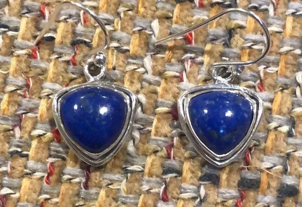 VINTAGE Sterling Silver Lapis Lazuli Cabochon Drop Dangle Earrings - Image 3