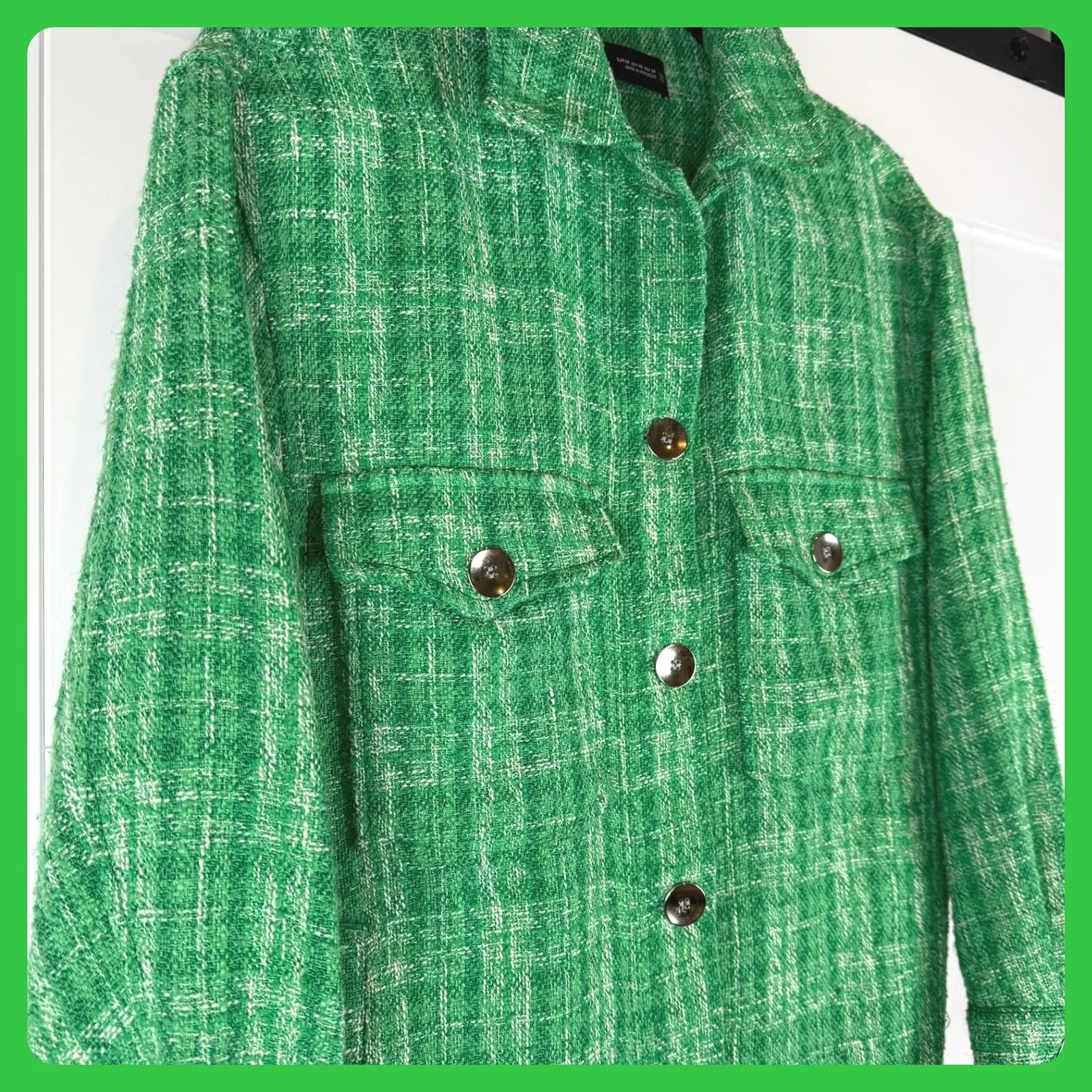 Zara Green Tweed Shacket XS Shirt Jacket Plaid Fringed Hem Y2K Vintage Old Money - Image 6