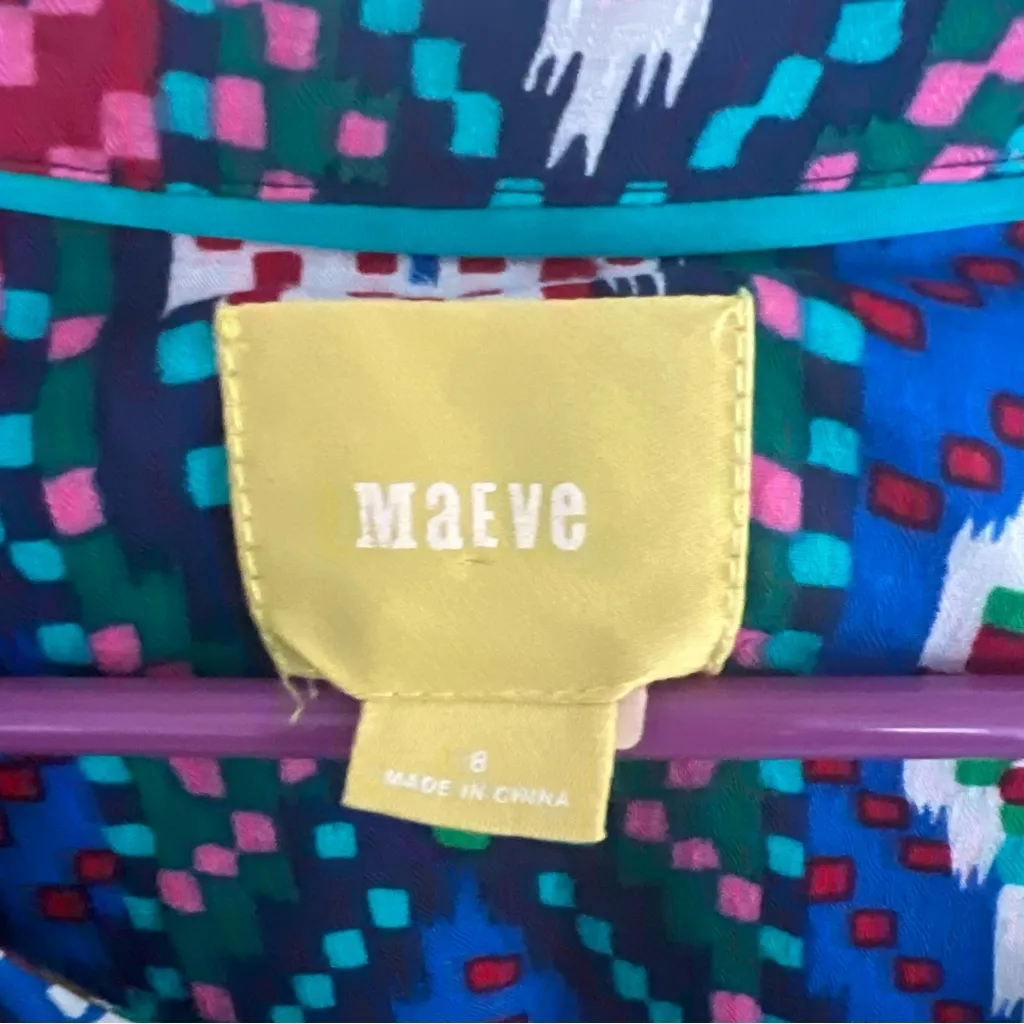 Maeve Anthropologie Topoxte Geometric Ikat Button Front Shirt Tie Waist Sz 8 Euc Green - Image 8