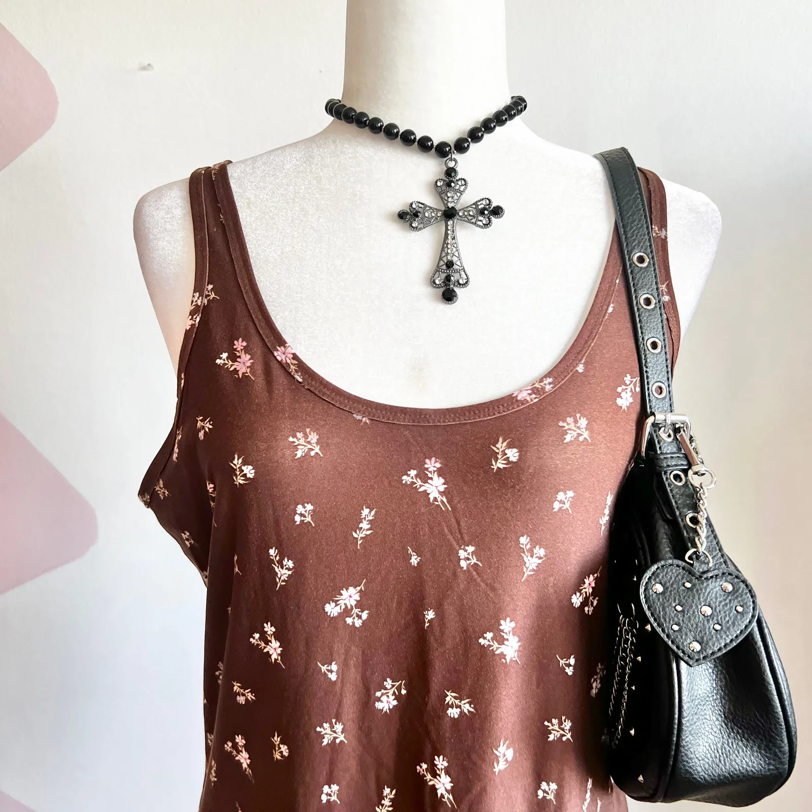 Brown Ditsy Floral Tank Top, Cottagecore, Soft Girl,‎ Y2K, 90s, Vintage, XXL - Image 2