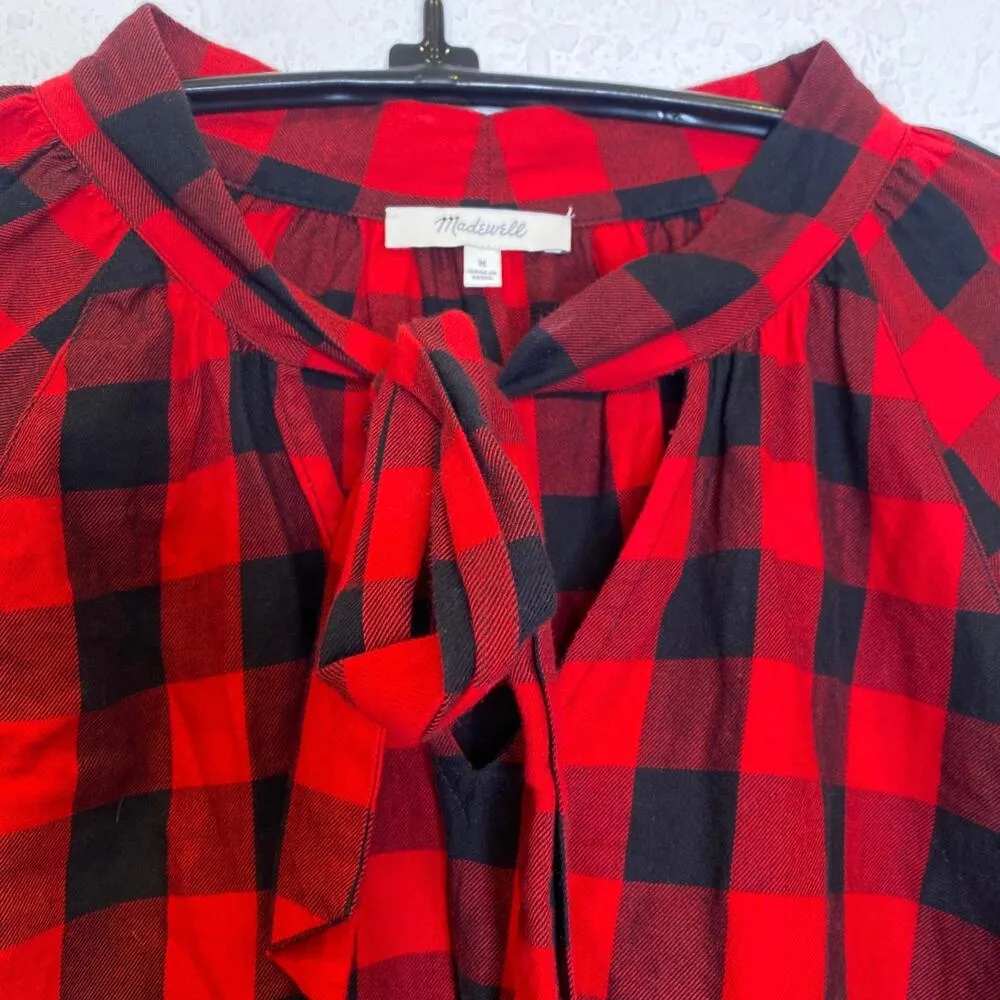 Madewell Black & Red Plaid Tie Front Long Sleeve Cotton Top EUC Sz M - Image 2