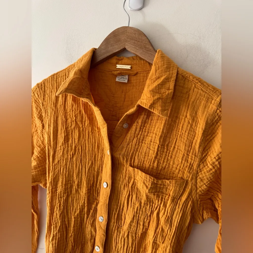 Magaschoni Long Sleeve Golden Yellow Gauze Organic Cotton Button Down Dress - Image 2