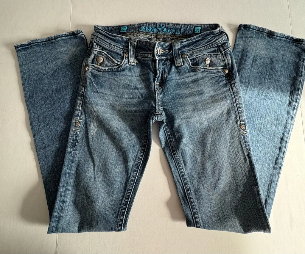 Vintage Sang real low rise boot cut jeans embellished cross back pockets 27 Blue - Image 1