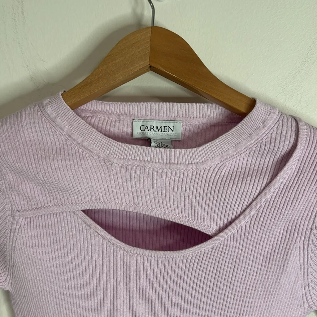 Carmen Marc Valvo Women’s 3/4 Sleeve Ribbed Cutout Front Lavender Knit Top sz S - Image 5