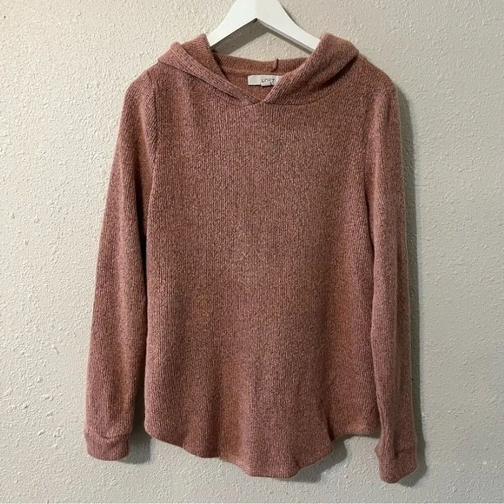 LOFT Ann Taylor Super Soft Knit Sweater Hoodie M Taupe Pink Cozy Lounge Casual - Image 3
