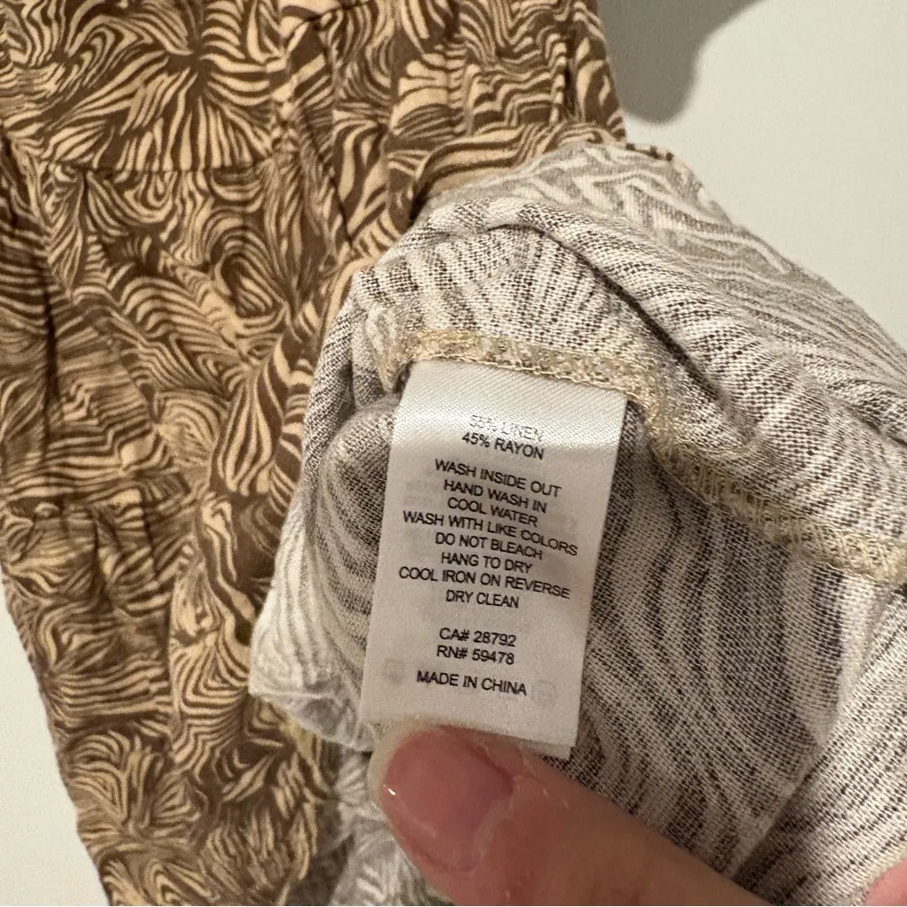 House Of Harlow Linen Blend Puff Sleeve‎ Square Neck Swirl Babydoll Dress Tan S Brown - Image 4