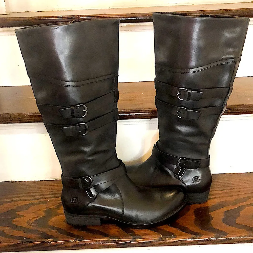 BORN Black Knee High Leather Moto Riding Boots w Straps Buckles NWOT SZ 8 - Image 4