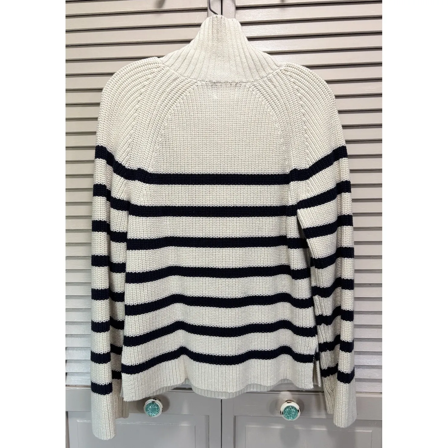 H&M 1/4 Zip Striped Oversized Knit Cardigan Size M Long Sleeve Navy/Cream‎ - Image 4