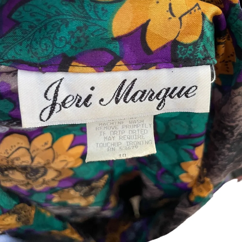 Jeri Marque Vintage 80s Silky Satin Eclectic Hippie Floral Paisley Button Up Top Size 10 - Image 7