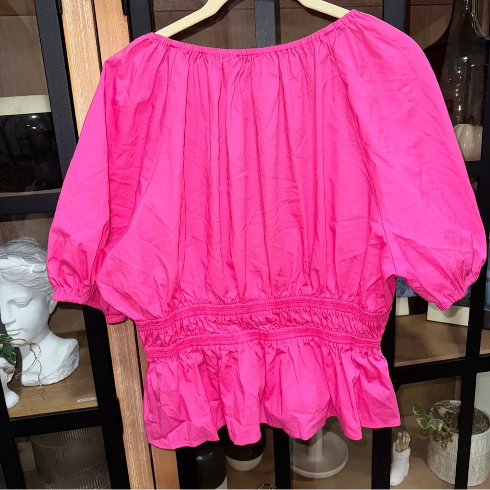 WAYF tie front bows vneck blouse smocked ruffles puff short sleeves barbie pink - Image 6