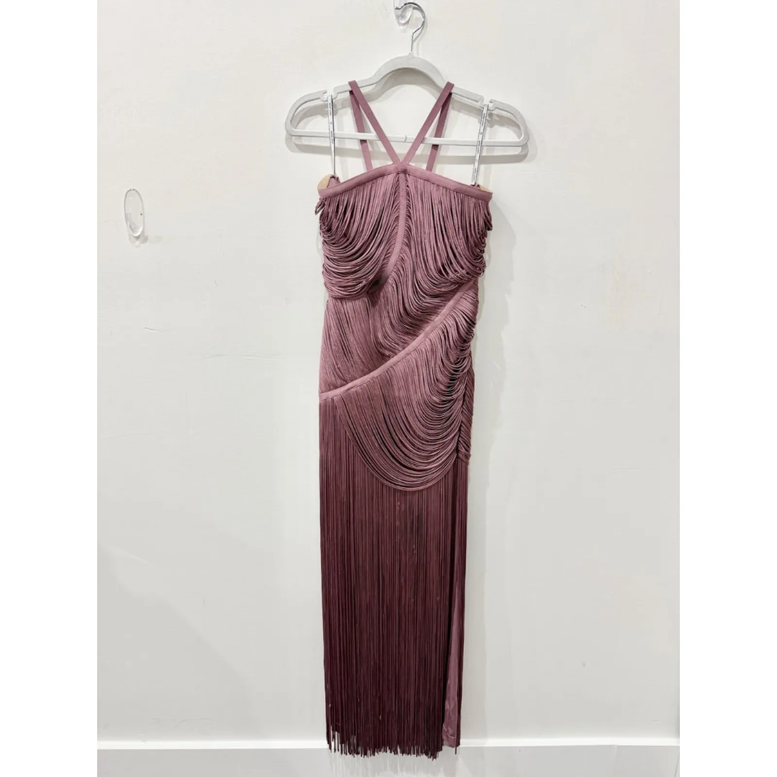 NWT Herve Leger Asymmetric Draped Fringe Halter Maxi Gown Mauve Women's Medium Purple - Image 6