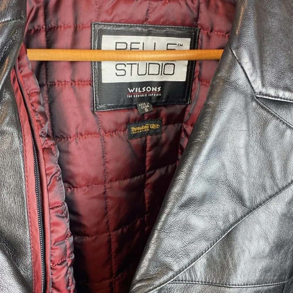 Wilsons Leather Black Pelle Studio Belted Button Up Coat S - Image 3