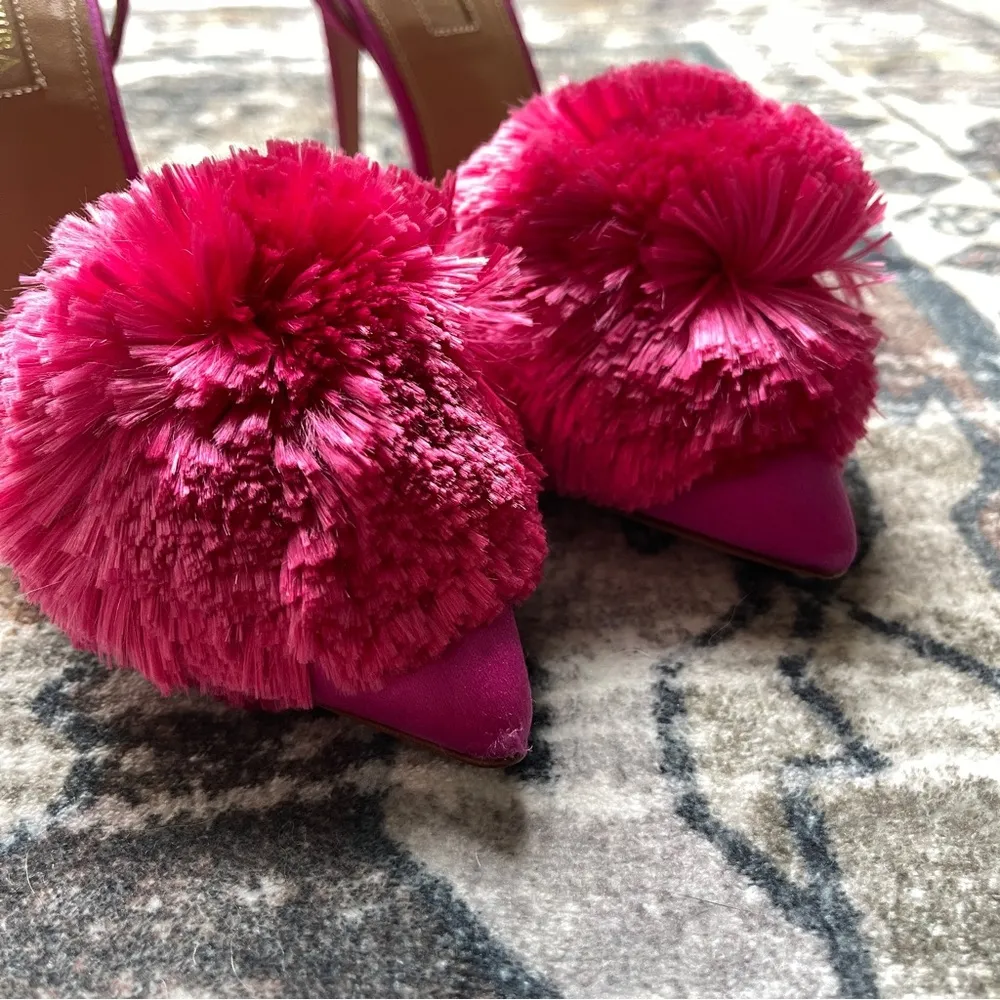 Aquazzura Satin Pom Pom Pink Slingback Heels Powder Puff Size 7 - Image 4