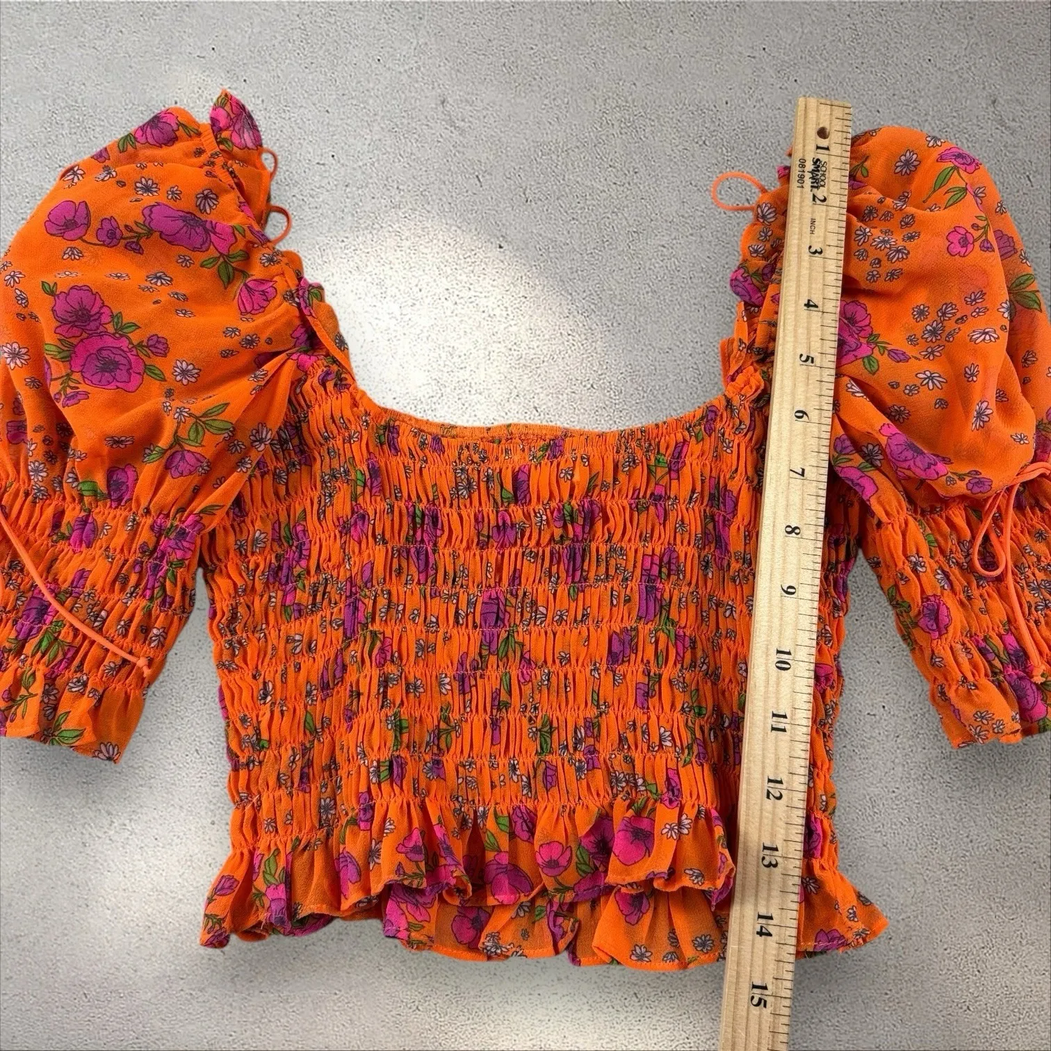 For Love & Lemons Peony Floral Smocked Crop Top Tangerine Orange XS - Image 6