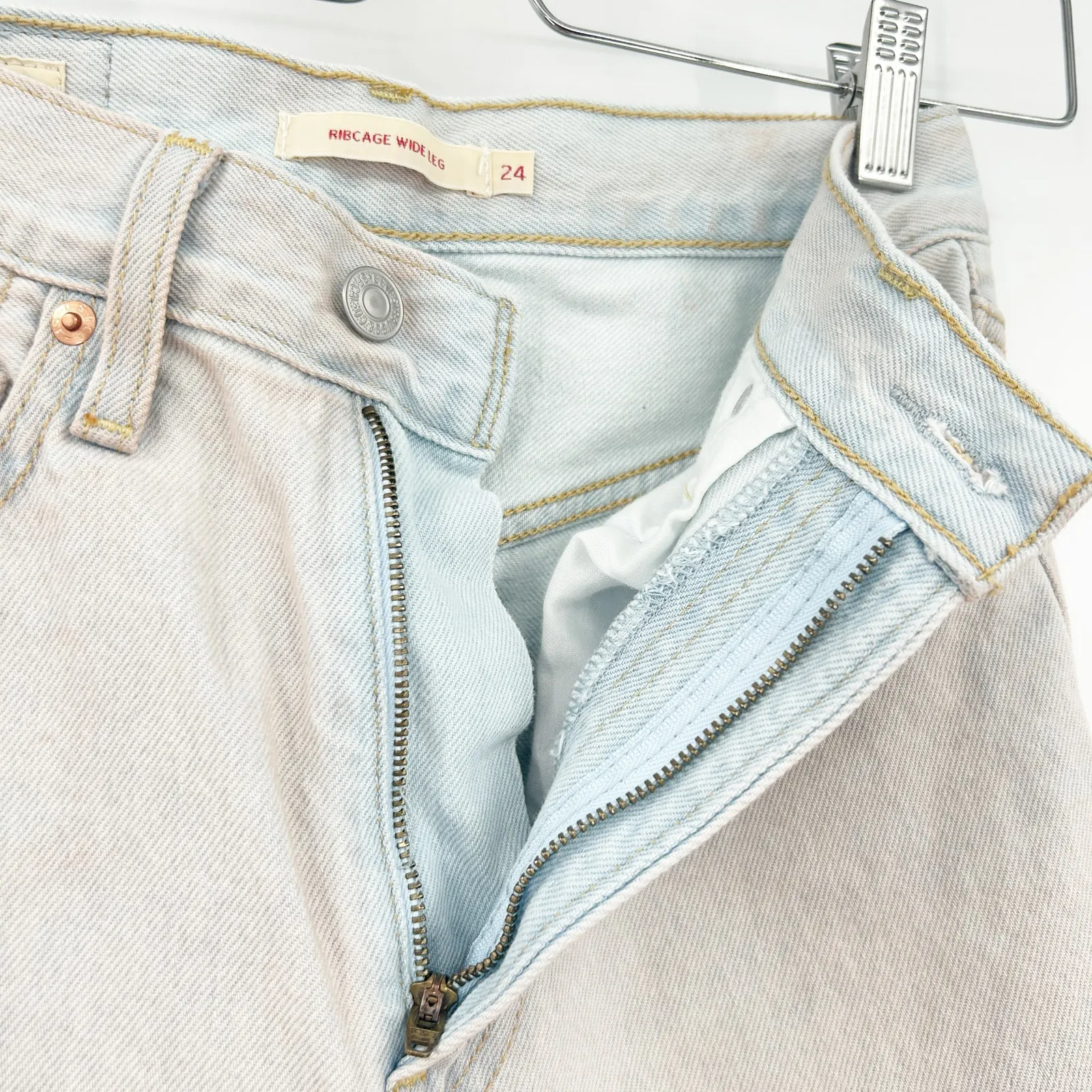 Levis Womens Dyed Raw Hem High Rise Ribcage‎ Wide Leg Jeans Size 24 Light Wash - Image 5