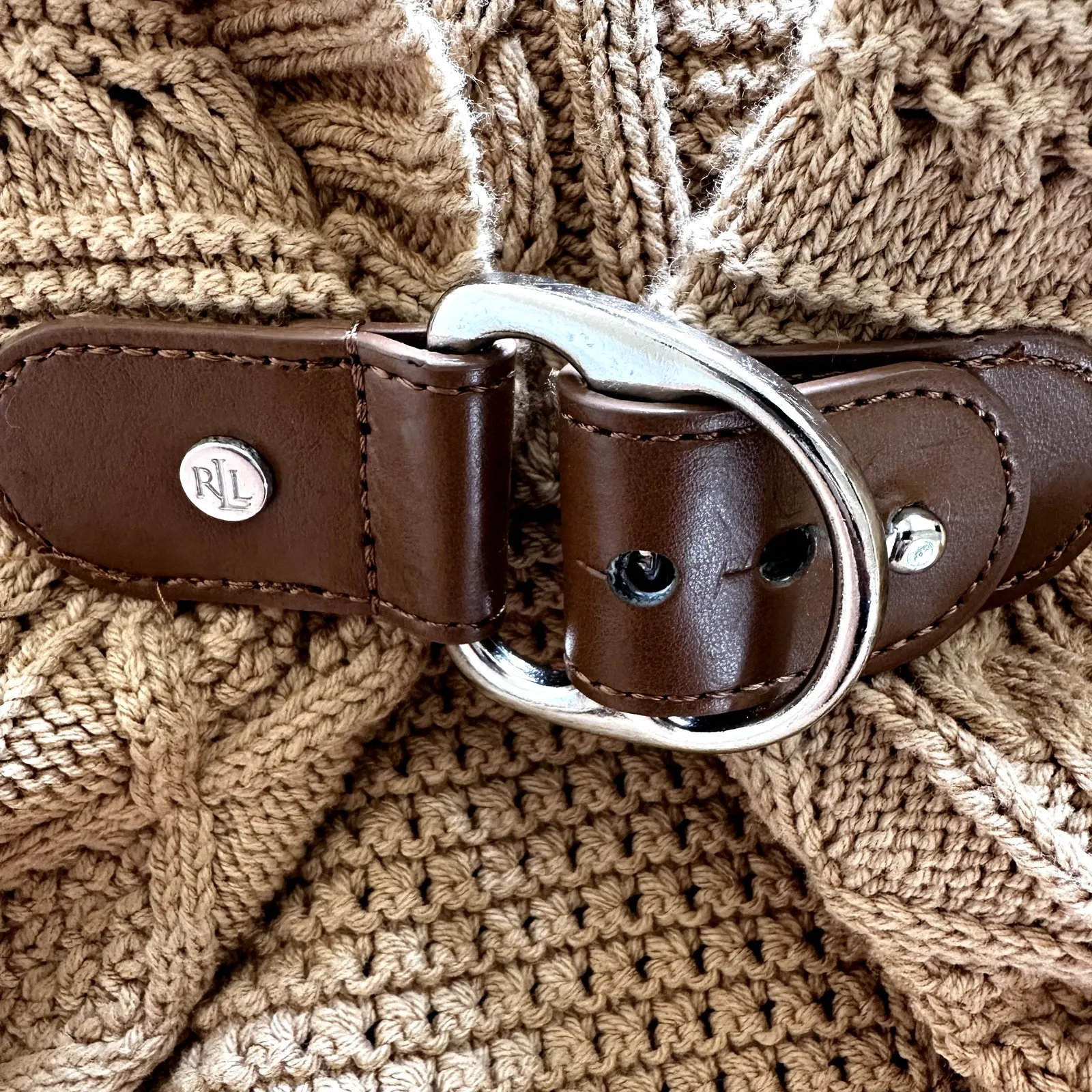 Lauren Ralph Lauren Sweater Vest Cable Knit Mid Length Buckle Closure Tan M - Image 3