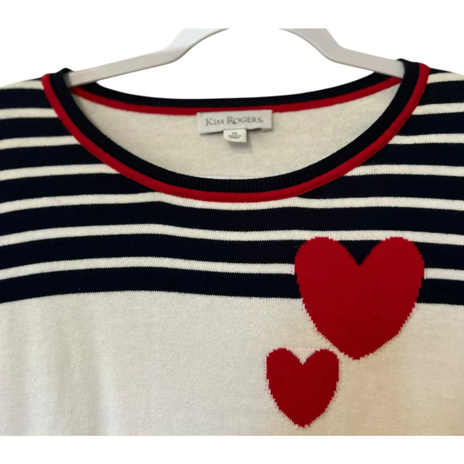 Kim Rogers Sweater Top White w/ Stripes Hearts SZ XL Cotton Valentines Nautical - Image 3