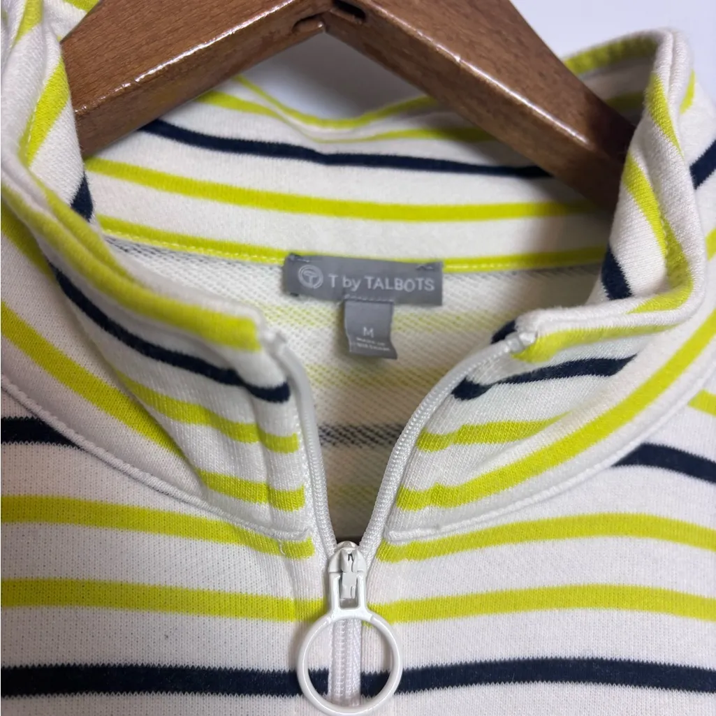 Talbots Green White Striped Classic French Terry Half-Zip Pullover Sweater Top - Image 4