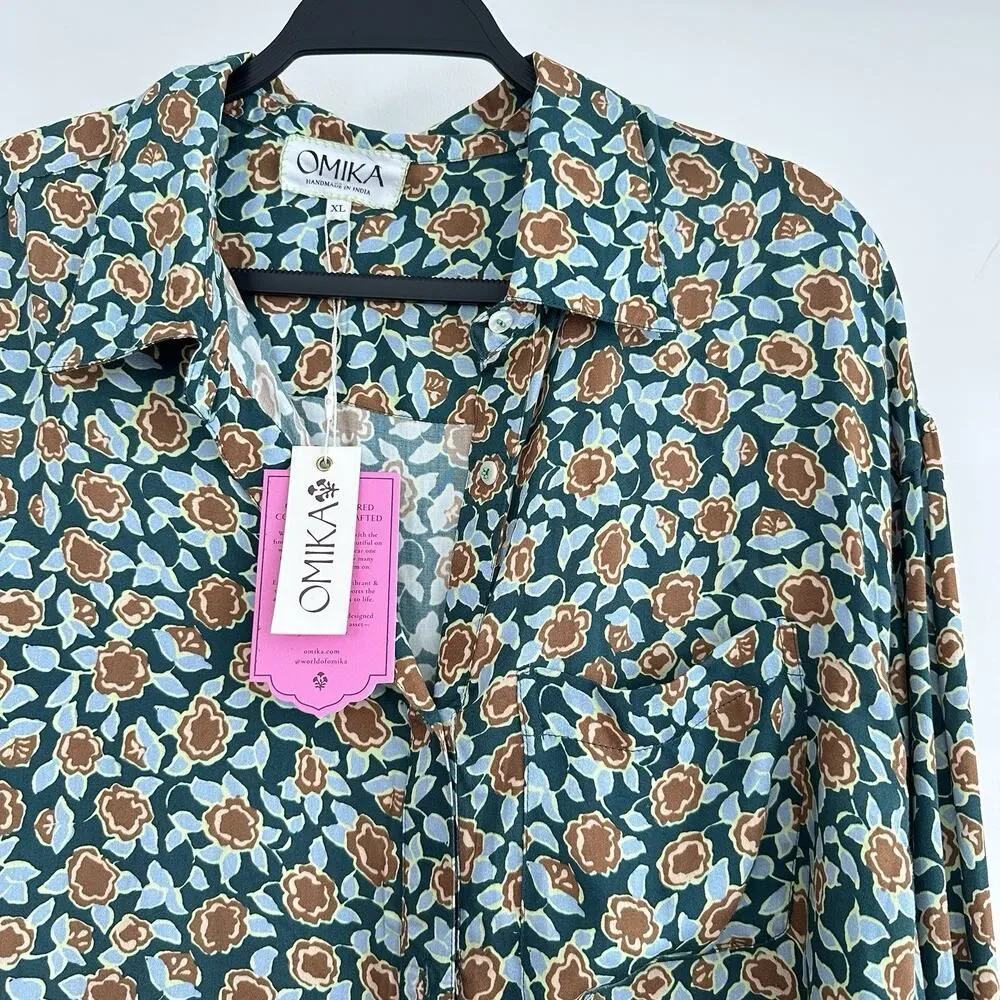OMIKA Blouse Womens XL Floral Handmade Mod Boho Indian Print Button Up Shirt Green - Image 2