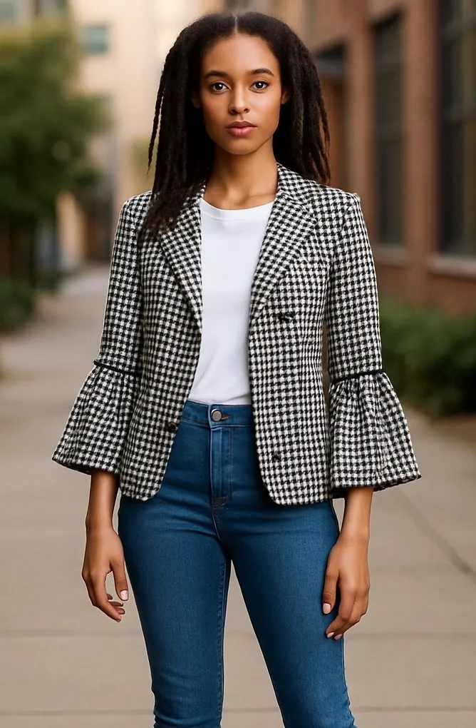 Soho Apparel Gingham Blazer Ruffle Bell Sleeve Career Jacket Black White L - Image 1