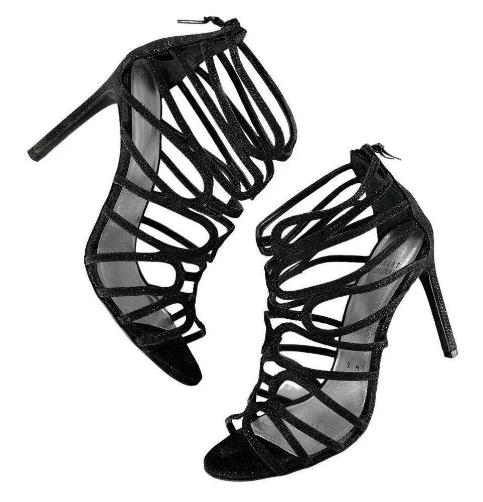STUART WEITZMAN Loopdeloop Black Glitter Leather Caged Sandals Heels Size 9 - Image 4