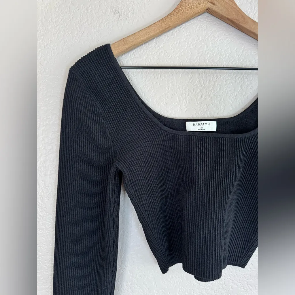 Aritzia Babaton Black Sculpt Knit Square Neck Cropped Long Sleeve Crop Top XS - Image 9