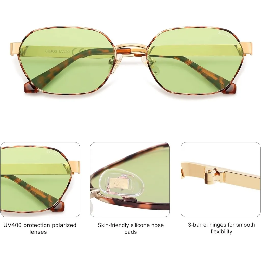 Unisex Tortoise/Green Trendy Hexagon Sunglasses for UV400 Retro Rectangle Shades Tan - Image 3