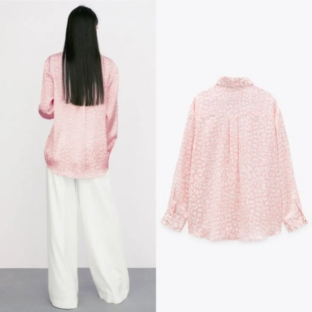 Zara Light Pink Patterned Satin Effect Blouse Size S - Image 3